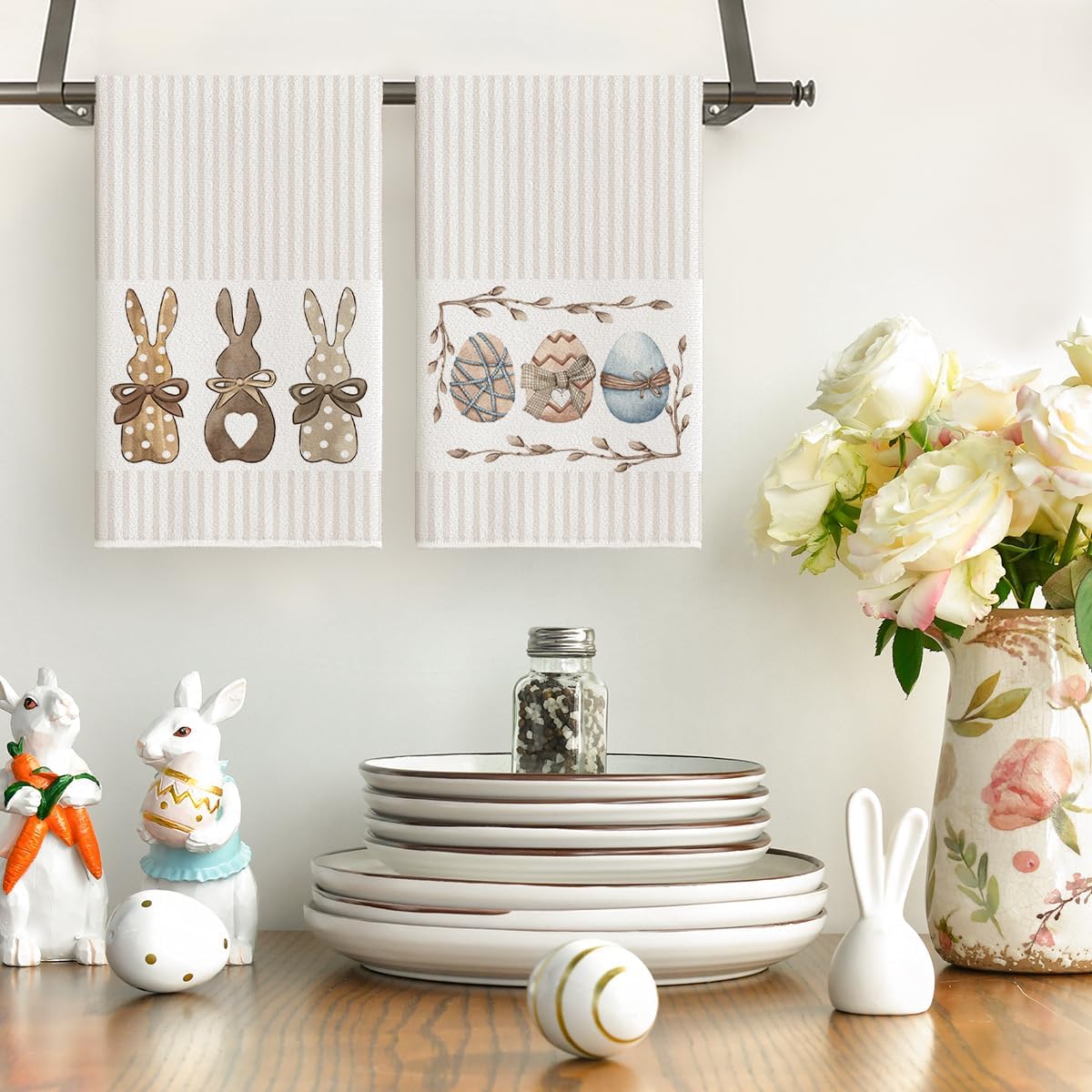 Stripe Rabbit Bunny Eggs Easter Kitchen Towels Dish Towels, 18x26 Inch Spring Decoration Hand Towels Set of 2 - Image 2