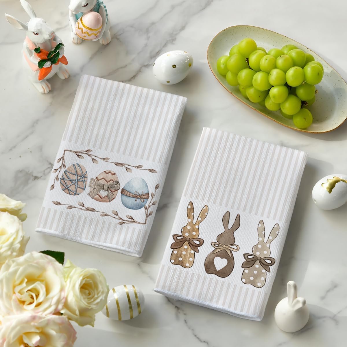 Stripe Rabbit Bunny Eggs Easter Kitchen Towels Dish Towels, 18x26 Inch Spring Decoration Hand Towels Set of 2 - Image 3