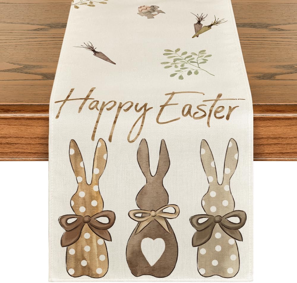 Carrots Rabbit Bunny Happy Easter Table Runner, Spring Summer Seasonal Holiday Kitchen Dining Table Decoration for Indoor Outdoor Home Party Decor 13 x 72 Inch - Image 1