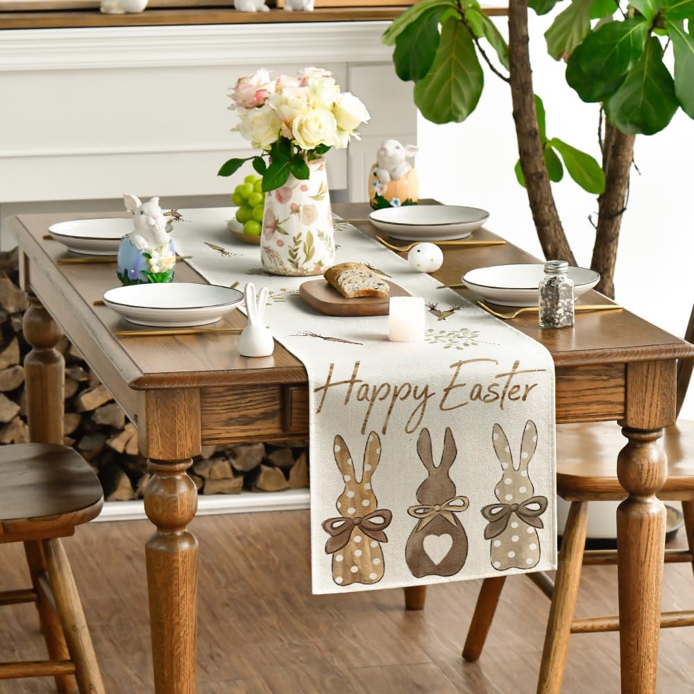 Carrots Rabbit Bunny Happy Easter Table Runner, Spring Summer Seasonal Holiday Kitchen Dining Table Decoration for Indoor Outdoor Home Party Decor 13 x 72 Inch - Image 3