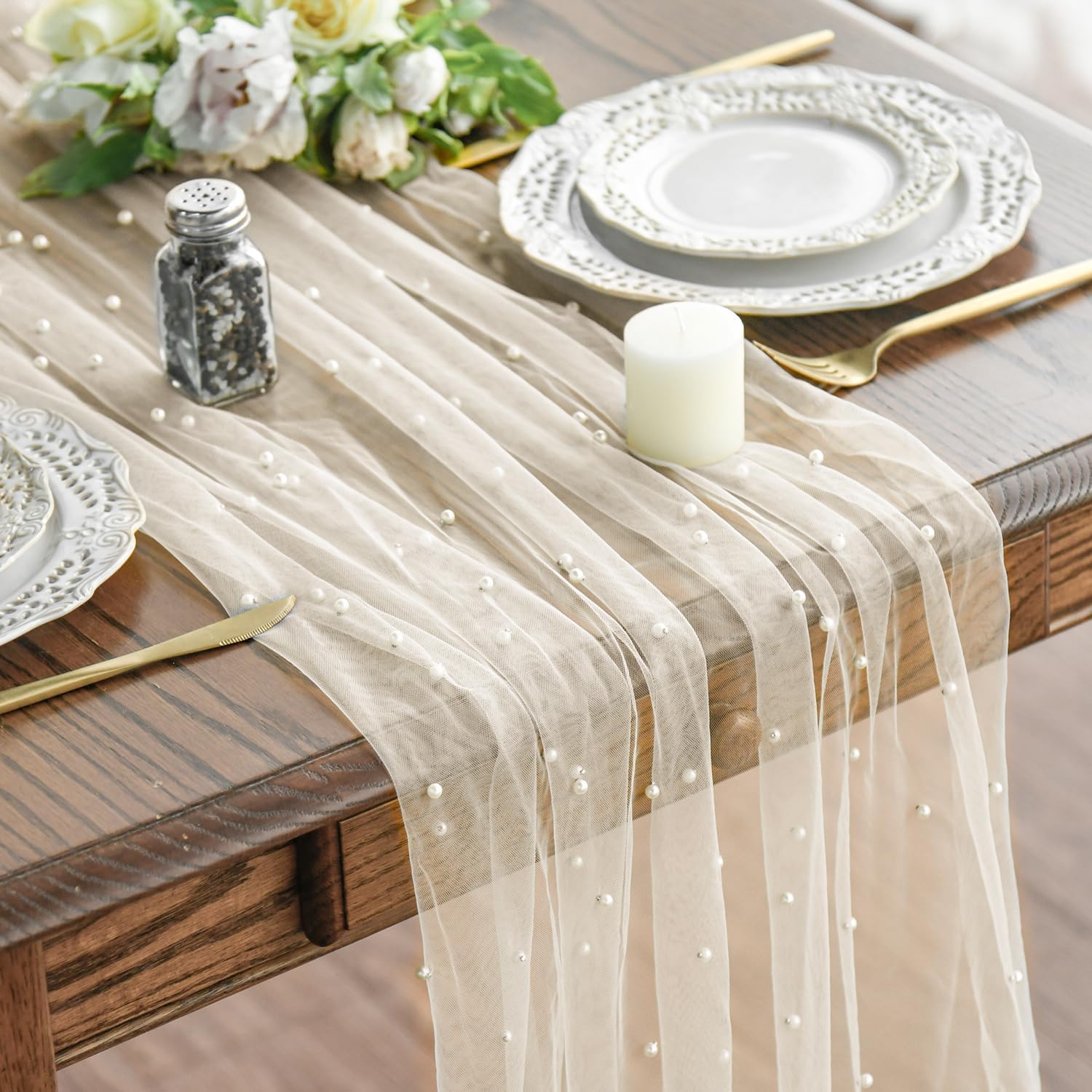 Pearl Beige Gauze Table Runner 120 Inch 10FT, Seasonal Sheer Dining Holiday Wedding Birthday Baby Shower Table Decor for Home Party - Image 1