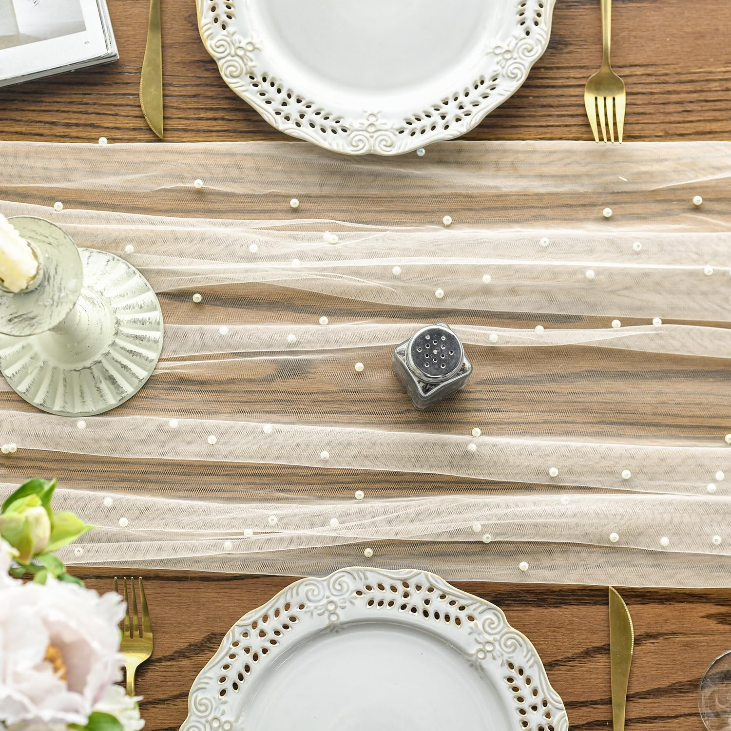 Pearl Beige Gauze Table Runner 120 Inch 10FT, Seasonal Sheer Dining Holiday Wedding Birthday Baby Shower Table Decor for Home Party - Image 2