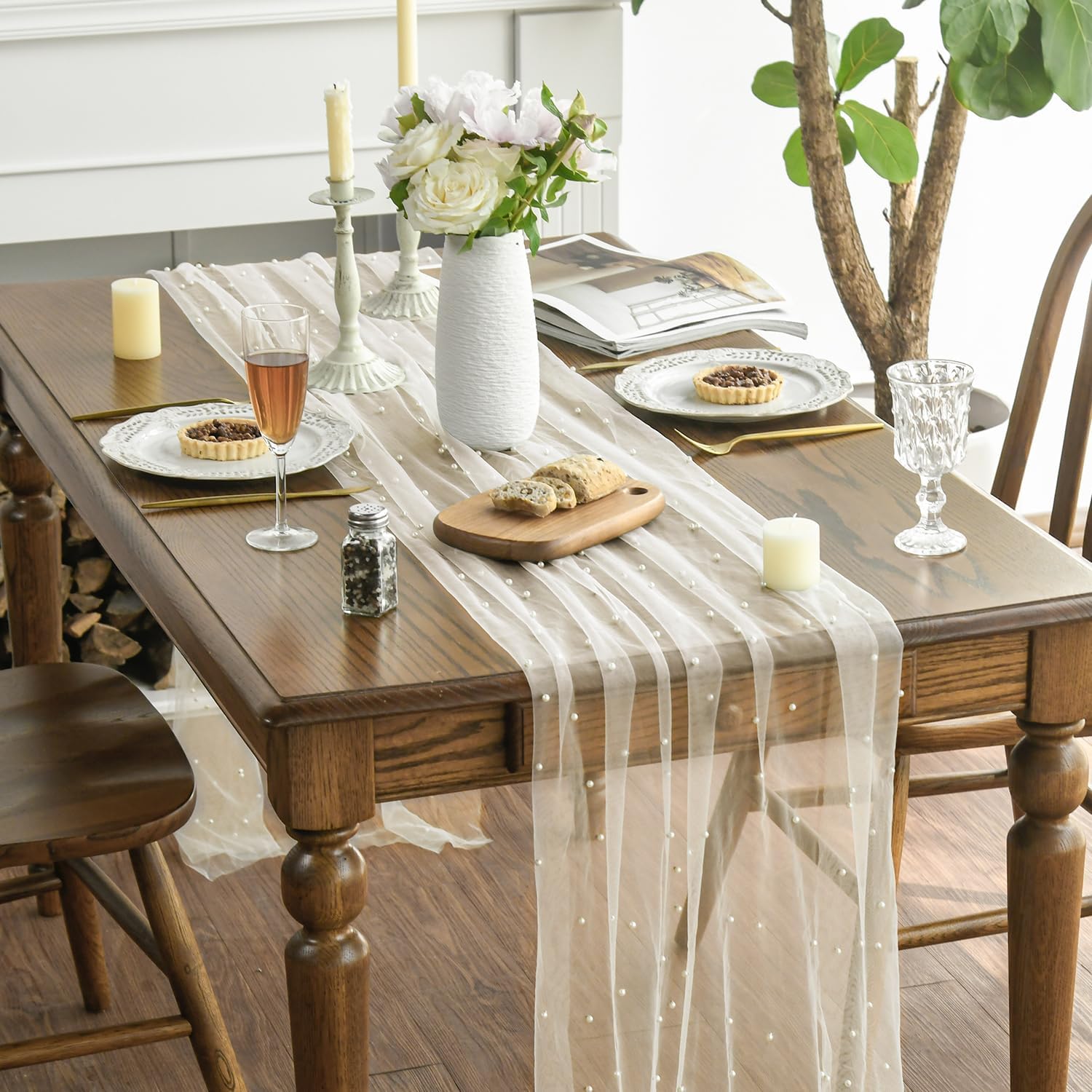 Pearl Beige Gauze Table Runner 120 Inch 10FT, Seasonal Sheer Dining Holiday Wedding Birthday Baby Shower Table Decor for Home Party - Image 3