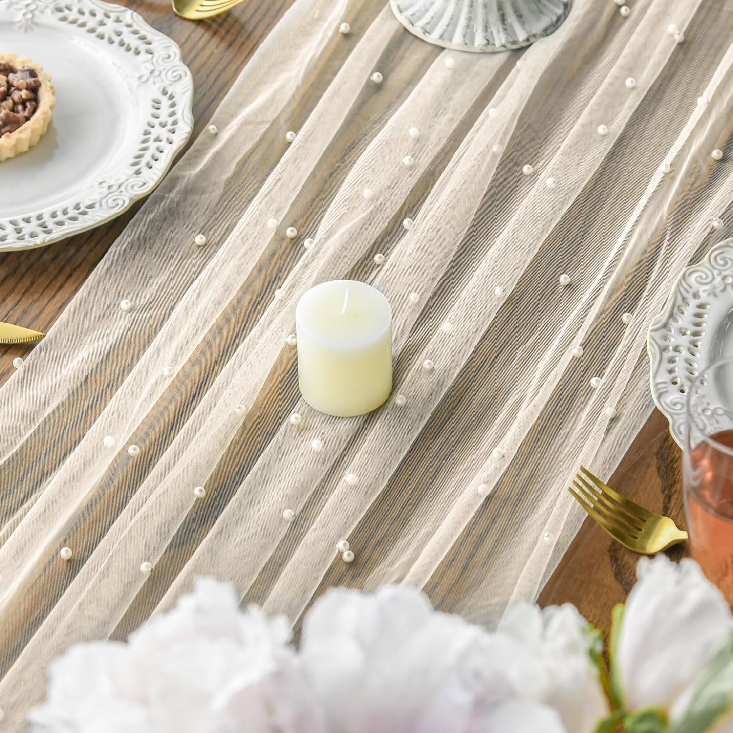 Pearl Beige Gauze Table Runner 120 Inch 10FT, Seasonal Sheer Dining Holiday Wedding Birthday Baby Shower Table Decor for Home Party - Image 4