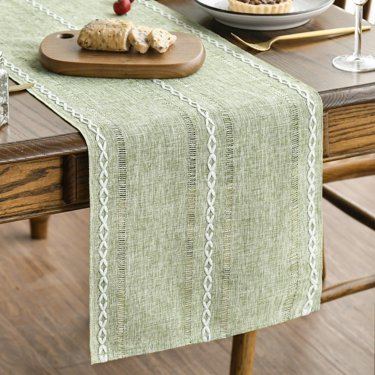 Sage Green Rustic Cotton Linen Table Runner, Seasonal Embroidered Hollow Kitchen Dining Table Decoration for Home Party Decor 13x72 Inch - Image 1