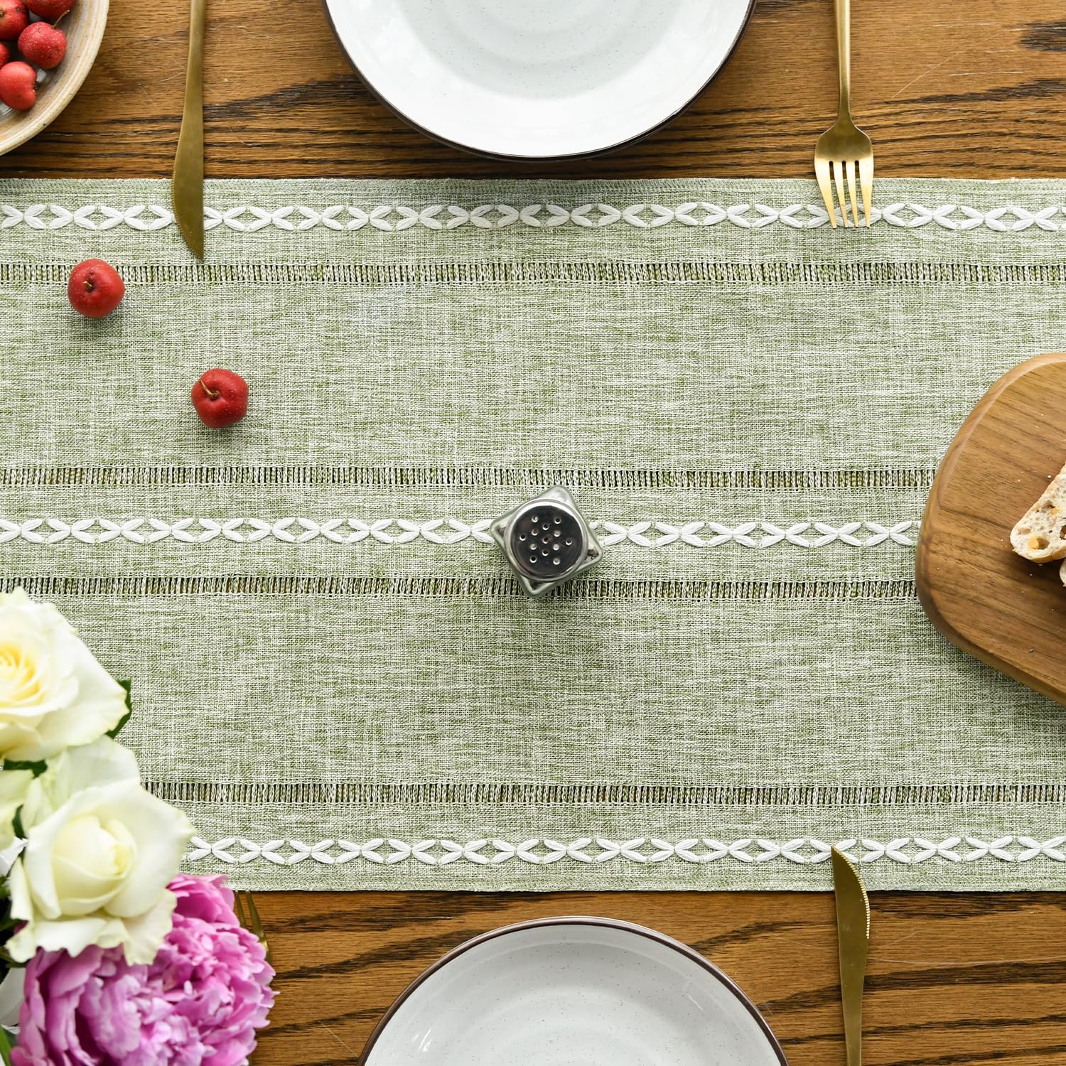 Sage Green Rustic Cotton Linen Table Runner, Seasonal Embroidered Hollow Kitchen Dining Table Decoration for Home Party Decor 13x72 Inch - Image 2