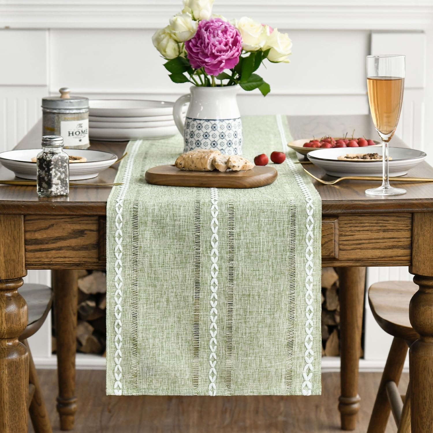 Sage Green Rustic Cotton Linen Table Runner, Seasonal Embroidered Hollow Kitchen Dining Table Decoration for Home Party Decor 13x72 Inch - Image 3