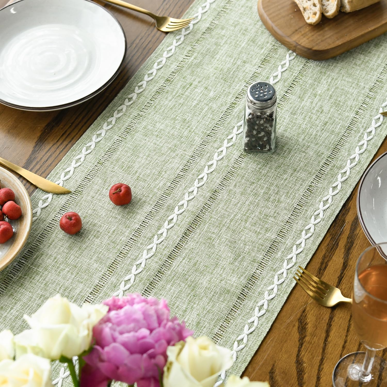 Sage Green Rustic Cotton Linen Table Runner, Seasonal Embroidered Hollow Kitchen Dining Table Decoration for Home Party Decor 13x72 Inch - Image 4