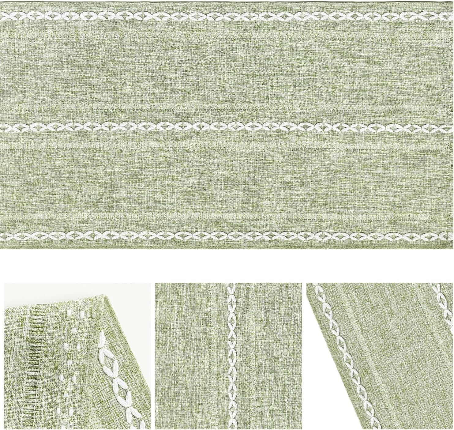 Sage Green Rustic Cotton Linen Table Runner, Seasonal Embroidered Hollow Kitchen Dining Table Decoration for Home Party Decor 13x72 Inch - Image 6
