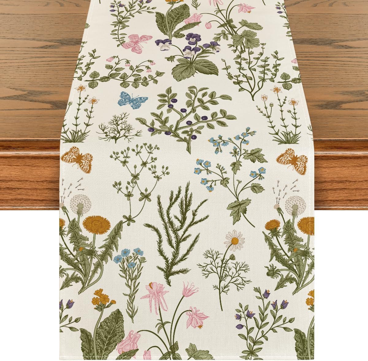Wildflowers Floral Spring Table Runner, Seasonal Summer Butterfly Kitchen Dining Table Decoration for Home Party 13x72 Inch - Image 1