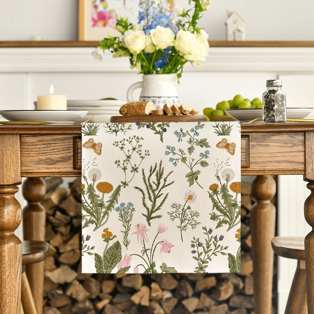 Wildflowers Floral Spring Table Runner, Seasonal Summer Butterfly Kitchen Dining Table Decoration for Home Party 13x72 Inch - Image 2
