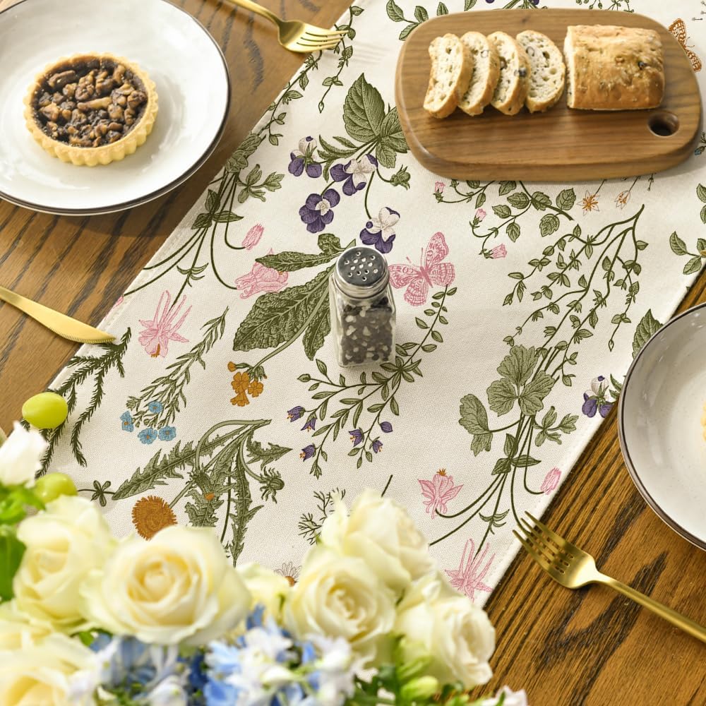 Wildflowers Floral Spring Table Runner, Seasonal Summer Butterfly Kitchen Dining Table Decoration for Home Party 13x72 Inch - Image 4