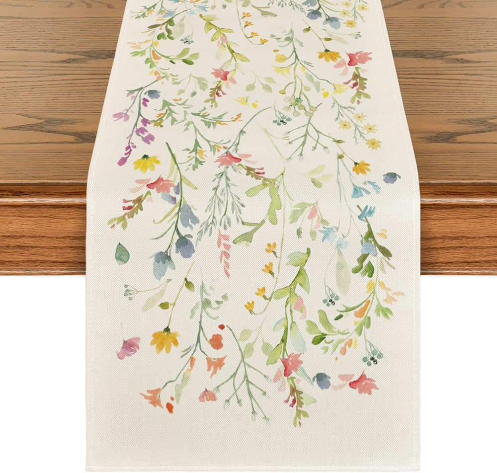 Wildflowers Bloom Flowers Spring Table Runner, Seasonal Summer Floral Kitchen Dining Table Decoration for Home Party Decor 13x72 Inch - Image 1