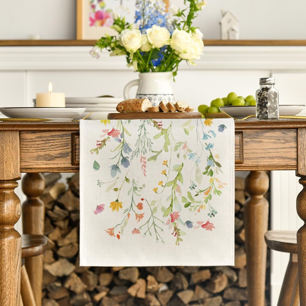 Wildflowers Bloom Flowers Spring Table Runner, Seasonal Summer Floral Kitchen Dining Table Decoration for Home Party Decor 13x72 Inch - Image 2