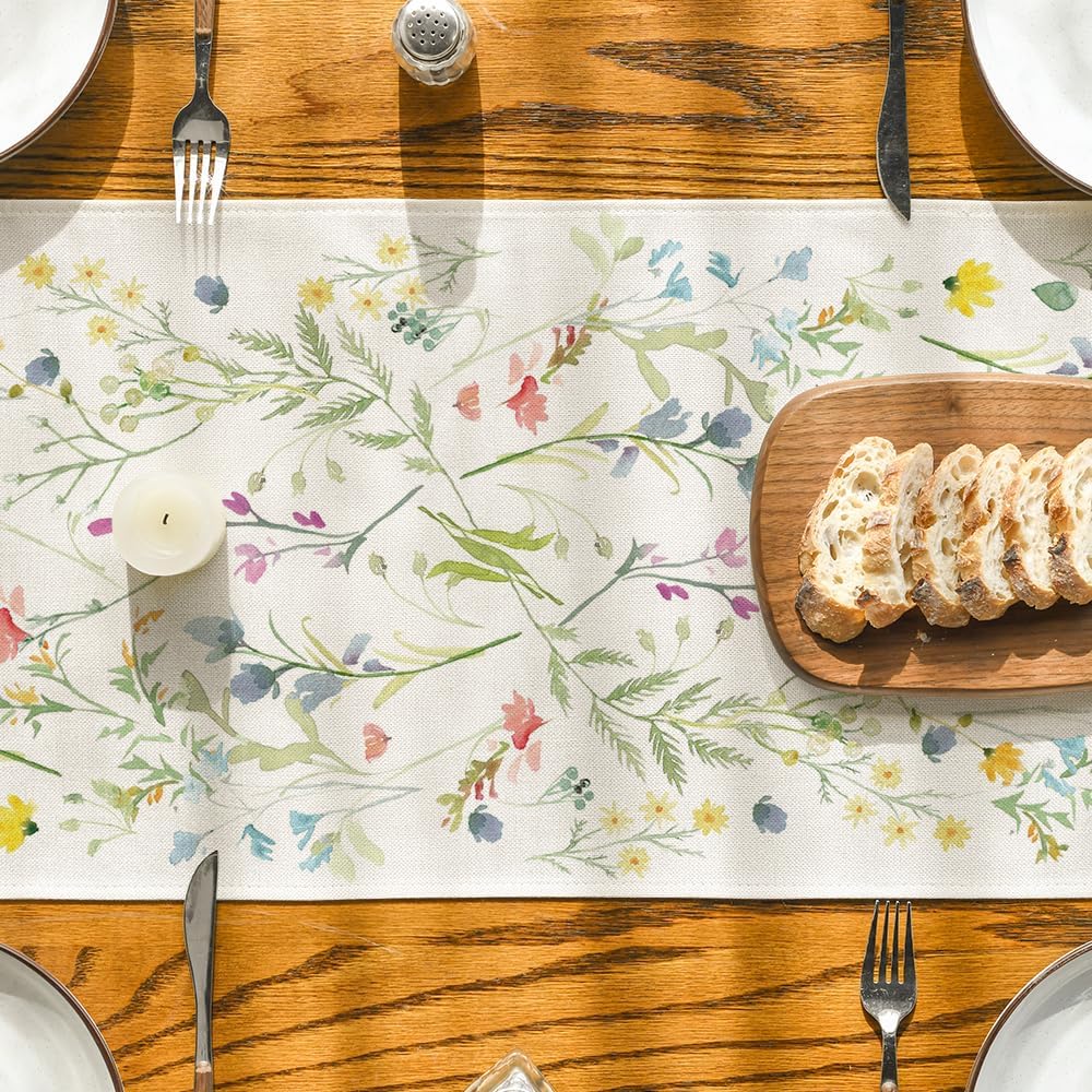 Wildflowers Bloom Flowers Spring Table Runner, Seasonal Summer Floral Kitchen Dining Table Decoration for Home Party Decor 13x72 Inch - Image 7