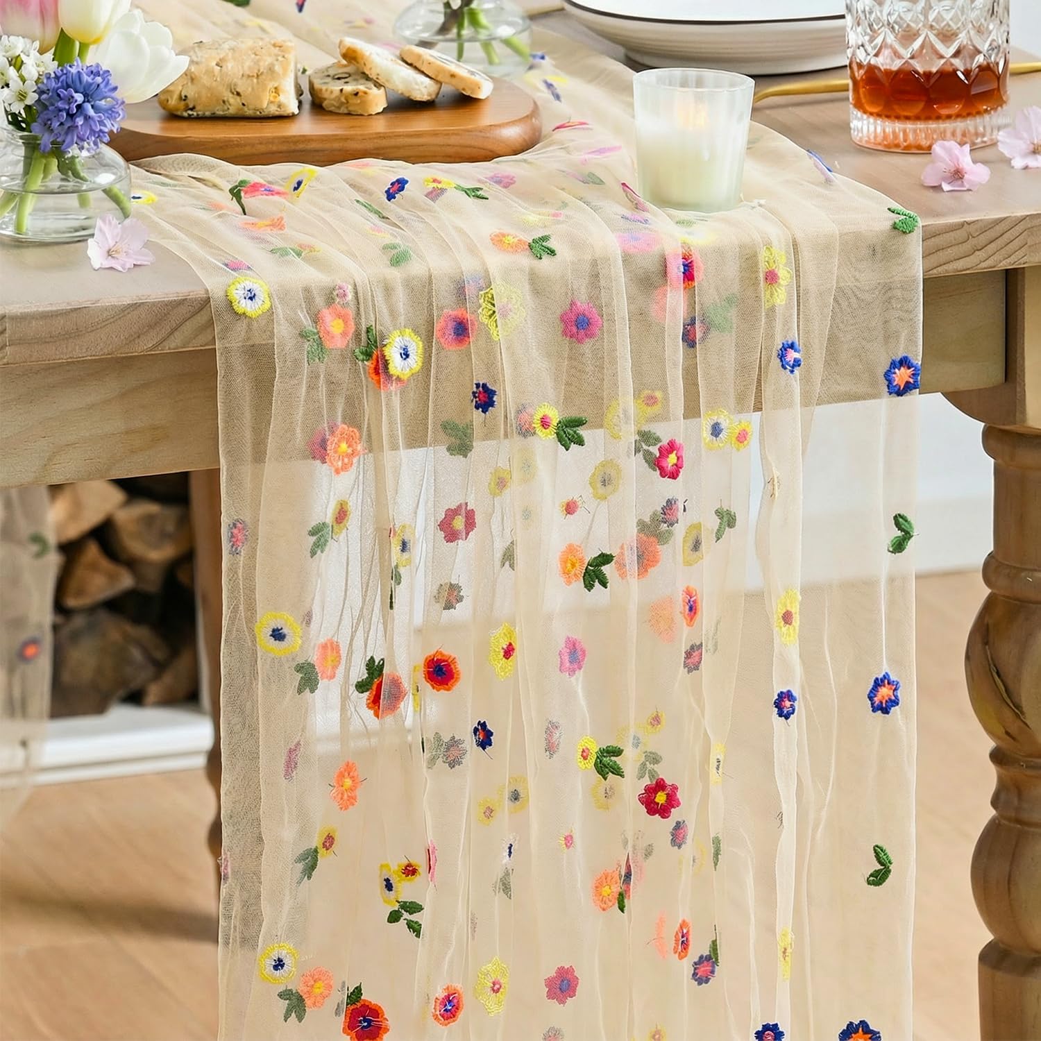 Champagne Embroidery Daisy Gauze Table Runner 120 Inch 10FT, Seasonal Sheer Kitchen Dining Holiday Wedding Birthday Table Decor for Home Party - Image 1