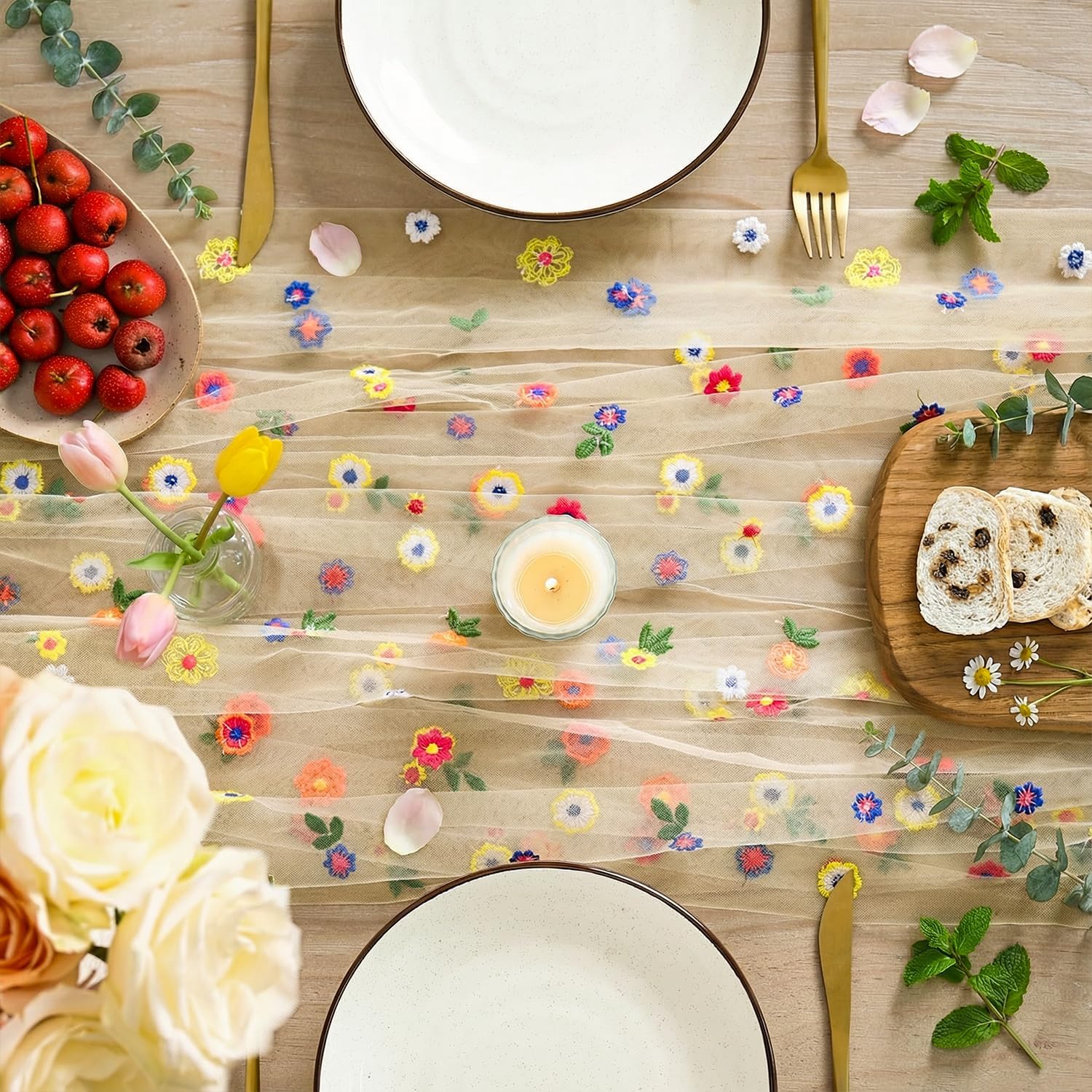 Champagne Embroidery Daisy Gauze Table Runner 120 Inch 10FT, Seasonal Sheer Kitchen Dining Holiday Wedding Birthday Table Decor for Home Party - Image 2