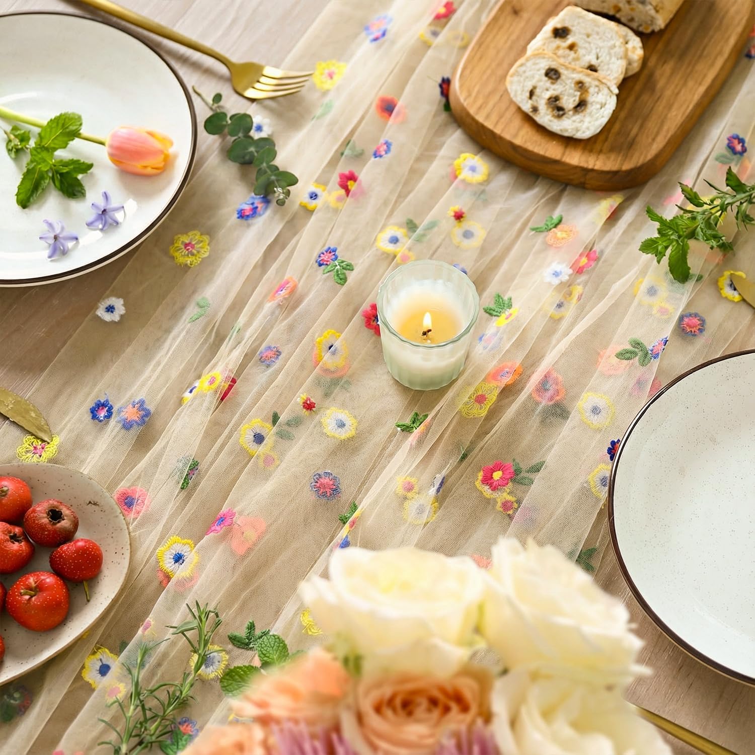 Champagne Embroidery Daisy Gauze Table Runner 120 Inch 10FT, Seasonal Sheer Kitchen Dining Holiday Wedding Birthday Table Decor for Home Party - Image 3