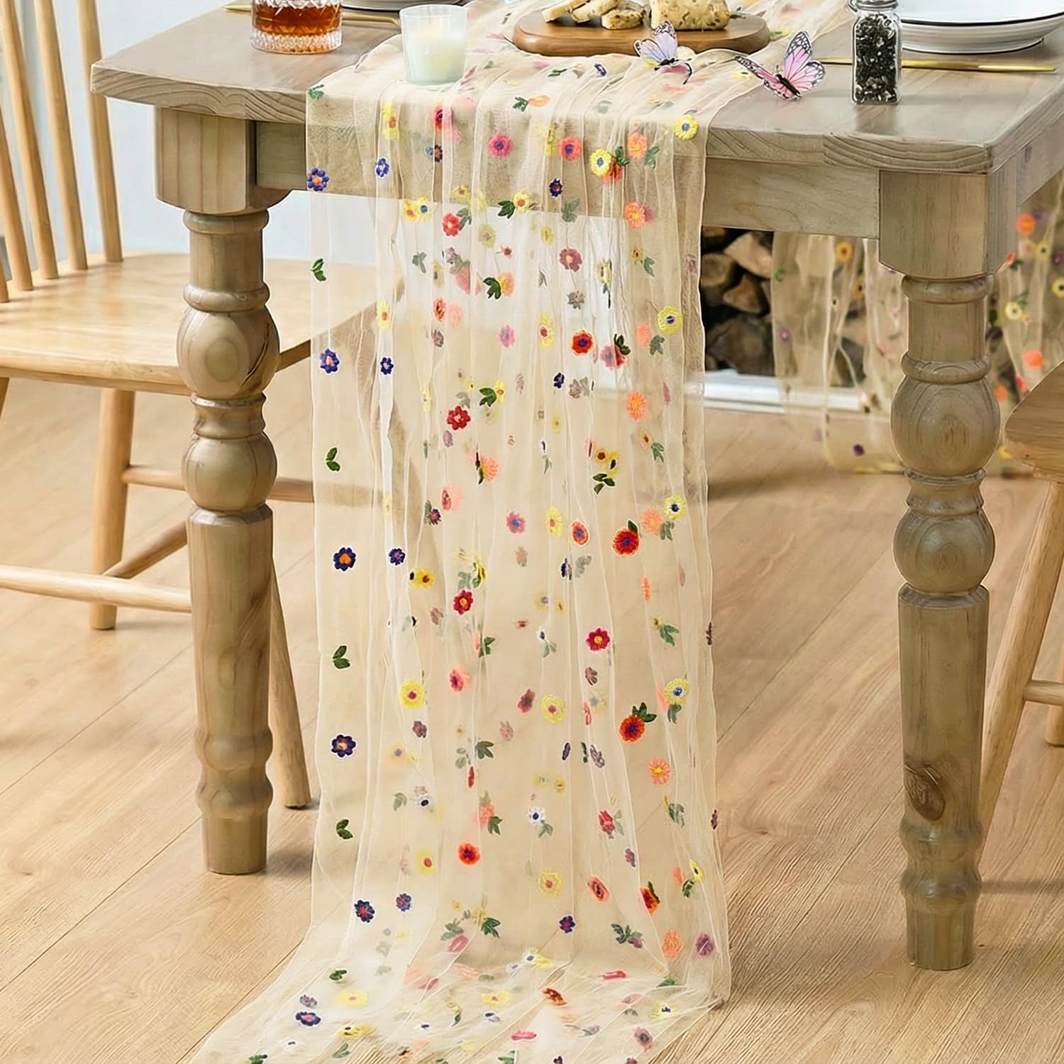 Champagne Embroidery Daisy Gauze Table Runner 120 Inch 10FT, Seasonal Sheer Kitchen Dining Holiday Wedding Birthday Table Decor for Home Party - Image 4