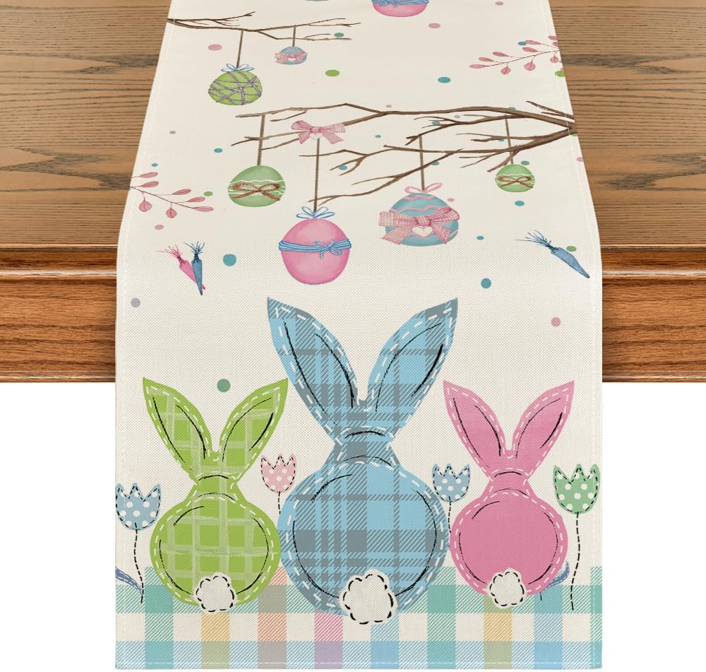 Buffalo Plaid Bunny Egg Carrot Easter Table Runner, Seasonal Spring Kitchen Dining Table Decoration for Home Party Decor 13x72 Inch - Image 1