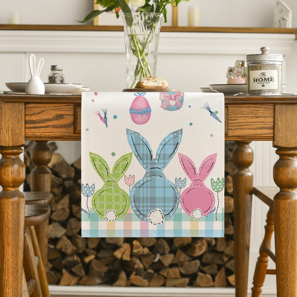 Buffalo Plaid Bunny Egg Carrot Easter Table Runner, Seasonal Spring Kitchen Dining Table Decoration for Home Party Decor 13x72 Inch - Image 2