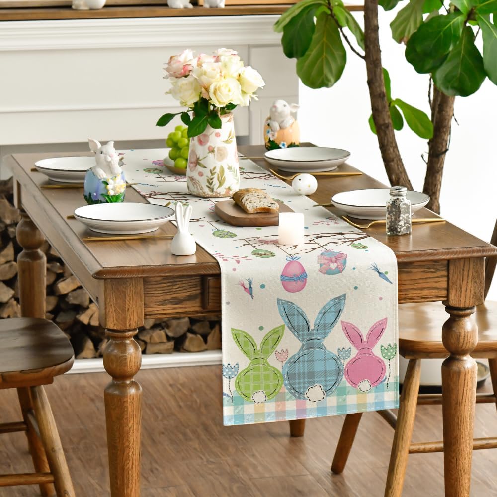 Buffalo Plaid Bunny Egg Carrot Easter Table Runner, Seasonal Spring Kitchen Dining Table Decoration for Home Party Decor 13x72 Inch - Image 3