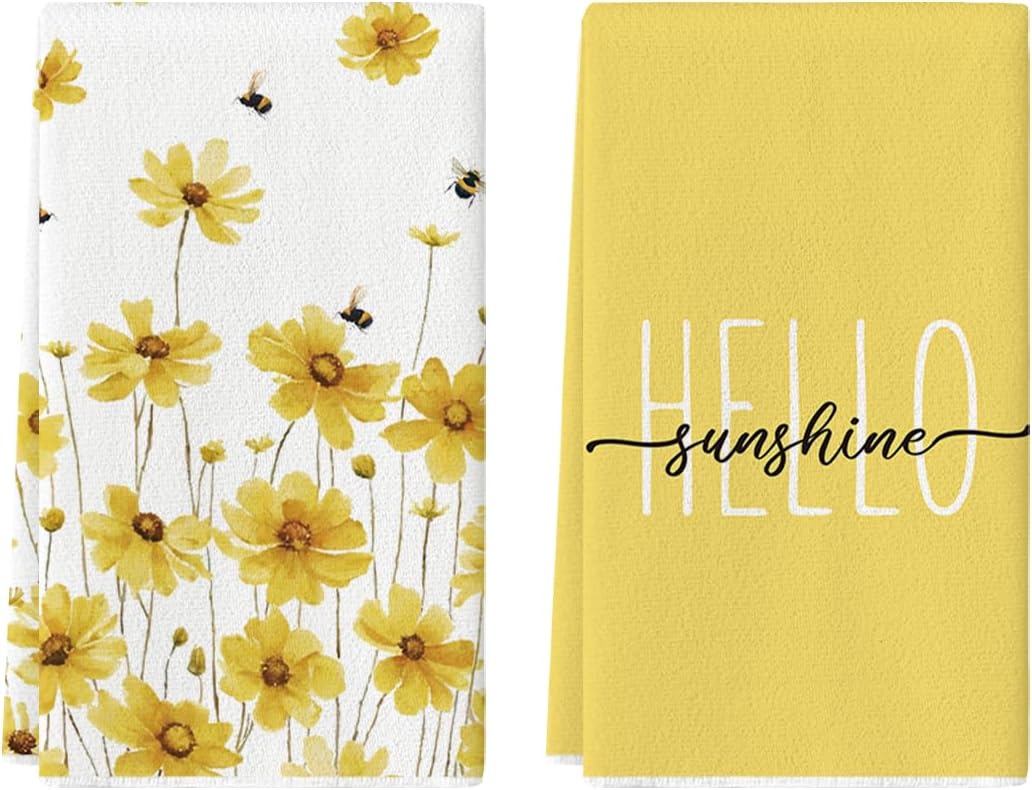 Yellow Flowers Bee Hello Sunshine Spring Kitchen Towels Dish Towels, 18x26 Inch Summer Holiday Decoration Hand Towels Set of 2 - Image 1