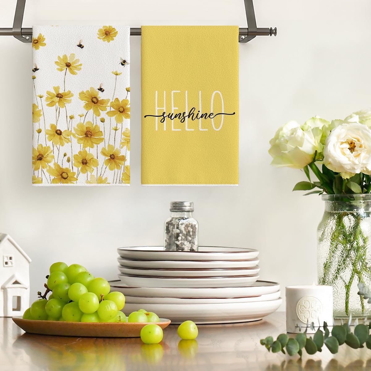 Yellow Flowers Bee Hello Sunshine Spring Kitchen Towels Dish Towels, 18x26 Inch Summer Holiday Decoration Hand Towels Set of 2 - Image 2