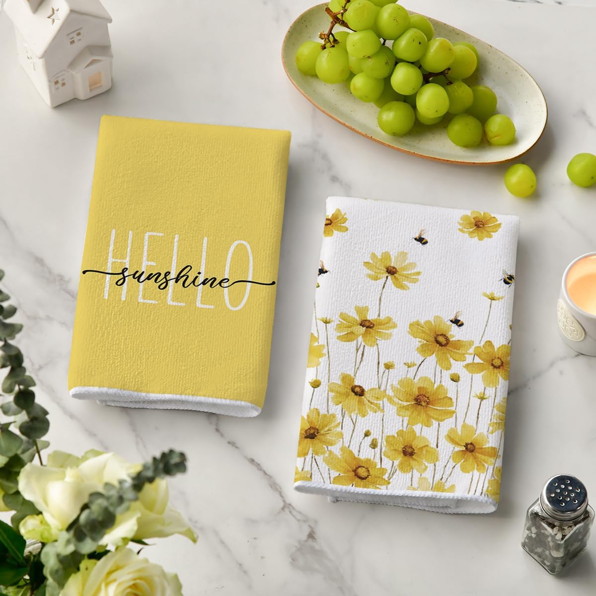 Yellow Flowers Bee Hello Sunshine Spring Kitchen Towels Dish Towels, 18x26 Inch Summer Holiday Decoration Hand Towels Set of 2 - Image 3