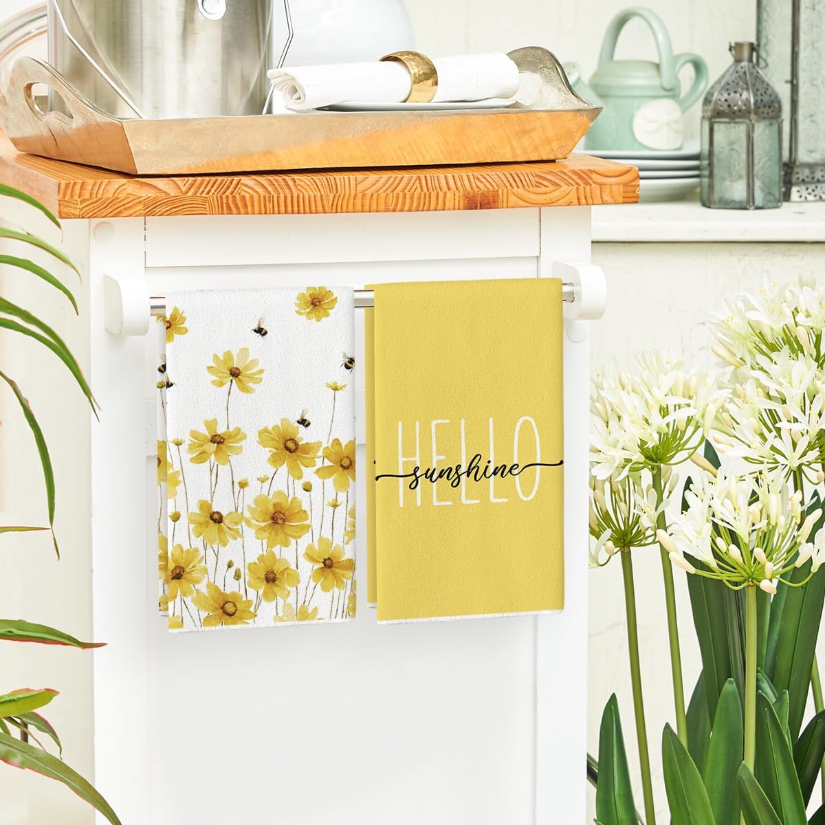 Yellow Flowers Bee Hello Sunshine Spring Kitchen Towels Dish Towels, 18x26 Inch Summer Holiday Decoration Hand Towels Set of 2 - Image 4