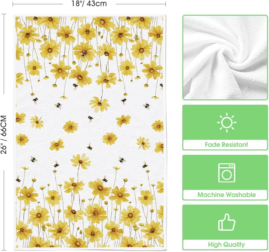 Yellow Flowers Bee Hello Sunshine Spring Kitchen Towels Dish Towels, 18x26 Inch Summer Holiday Decoration Hand Towels Set of 2 - Image 6