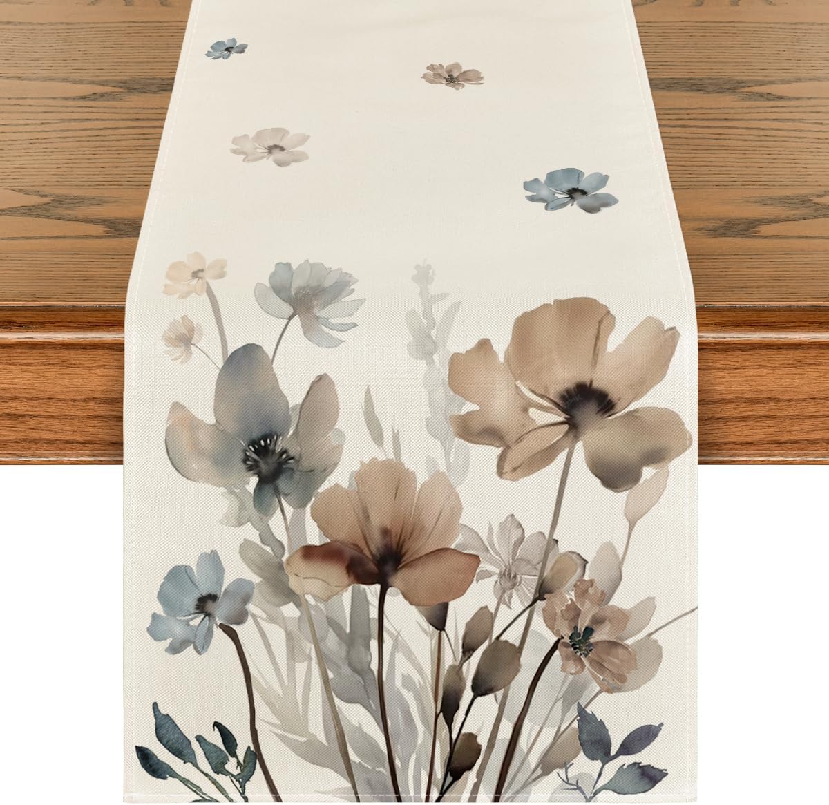Brown Poppy Floral Leaves Spring Table Runner, Seasonal Summer Kitchen Dining Table Decoration for Home Party Decor 13x72 Inch - Image 1
