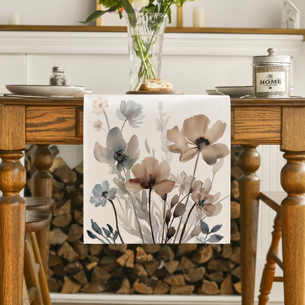 Brown Poppy Floral Leaves Spring Table Runner, Seasonal Summer Kitchen Dining Table Decoration for Home Party Decor 13x72 Inch - Image 2