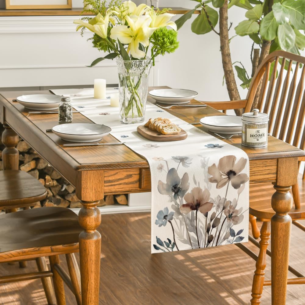 Brown Poppy Floral Leaves Spring Table Runner, Seasonal Summer Kitchen Dining Table Decoration for Home Party Decor 13x72 Inch - Image 4