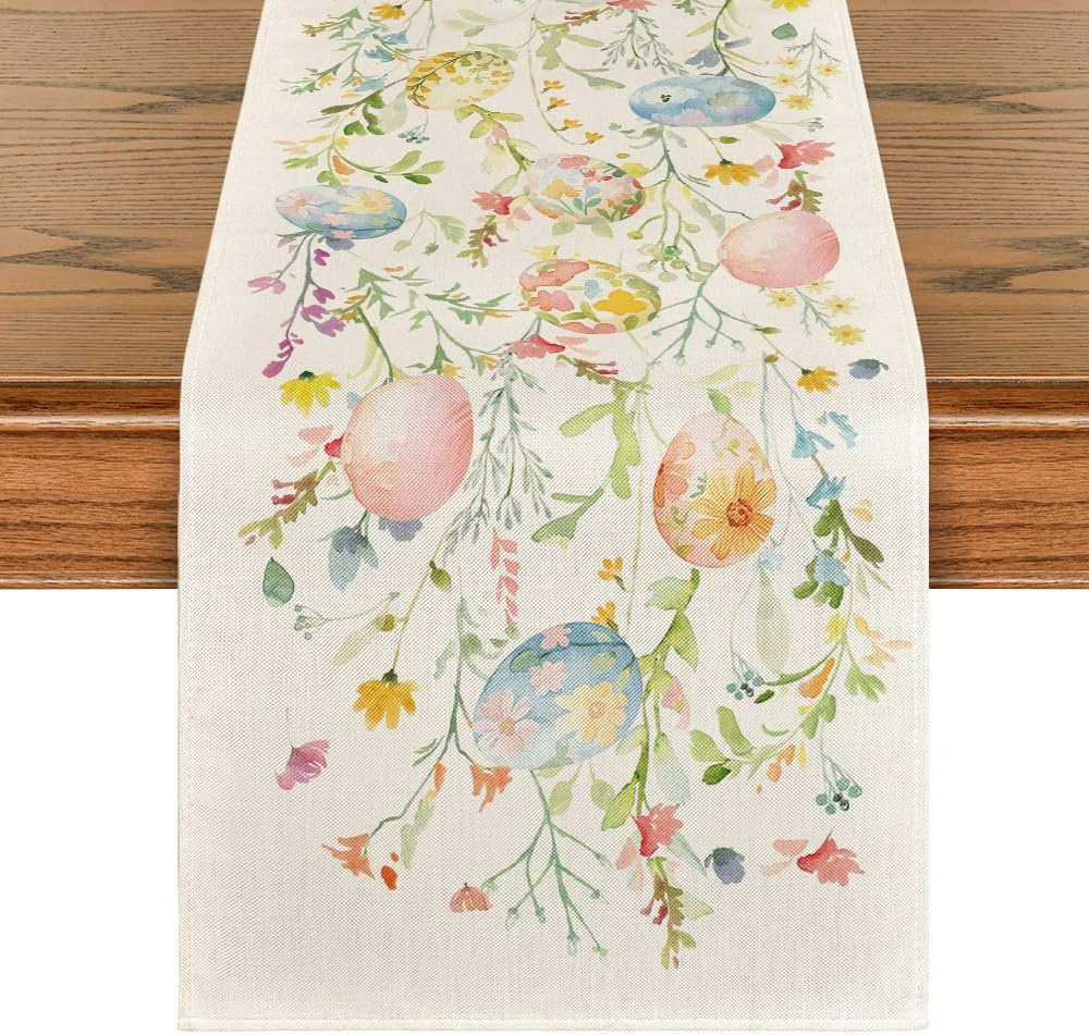 Wild Flowers Eggs Easter Table Runner,Seasonal Spring Floral Kitchen Dining Table Decoration for Home Party Decor 13x72 Inch - Image 1
