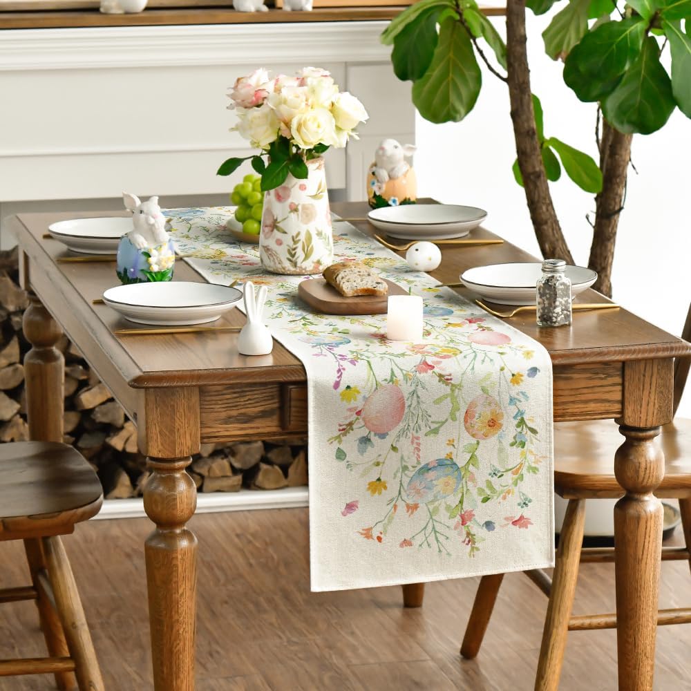 Wild Flowers Eggs Easter Table Runner,Seasonal Spring Floral Kitchen Dining Table Decoration for Home Party Decor 13x72 Inch - Image 3