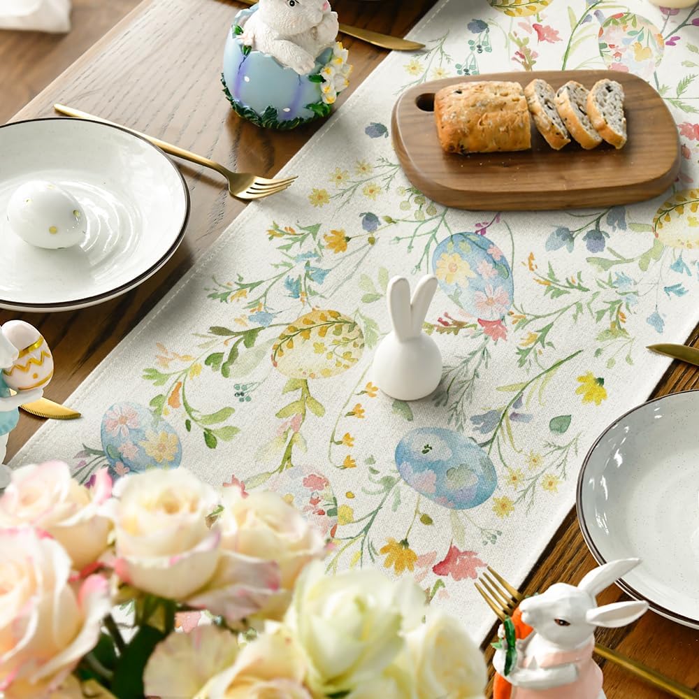 Wild Flowers Eggs Easter Table Runner,Seasonal Spring Floral Kitchen Dining Table Decoration for Home Party Decor 13x72 Inch - Image 4