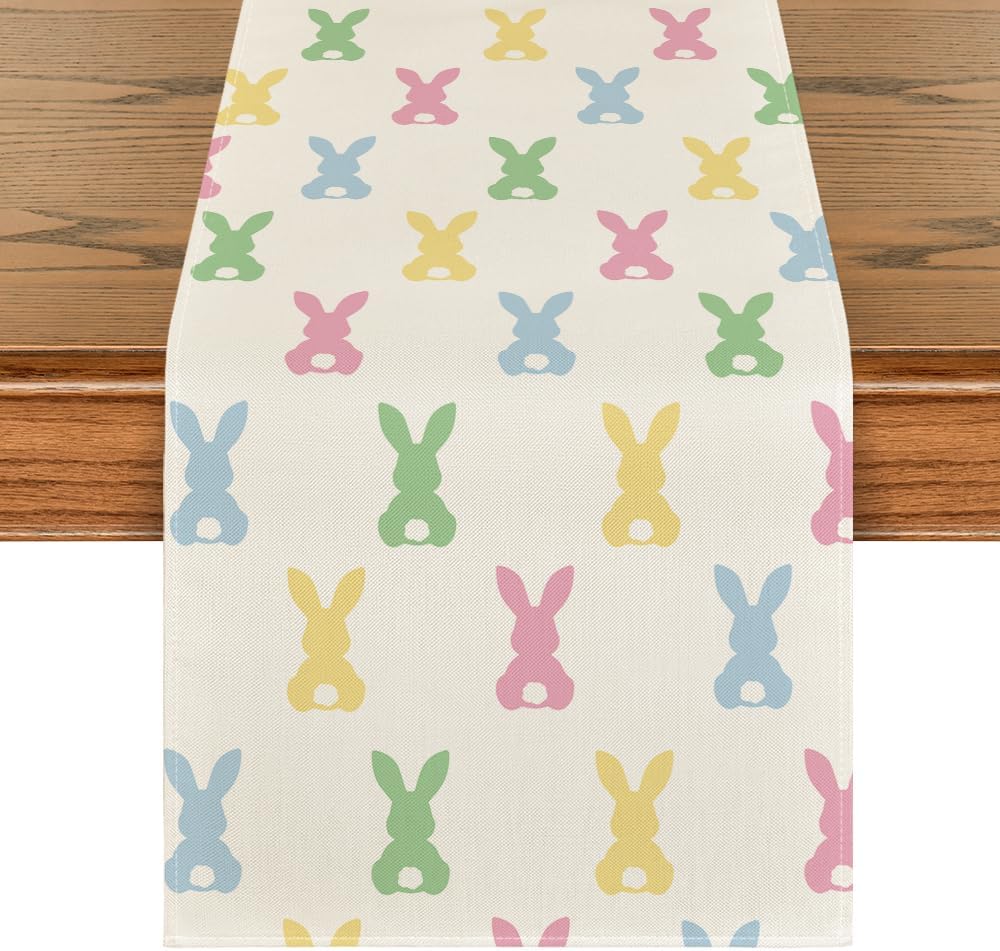 Green Pink Bunny Rabbit Easter Table Runner, Spring Kitchen Dining Table Decoration for Home Party Decor 13x72 Inch - Image 1