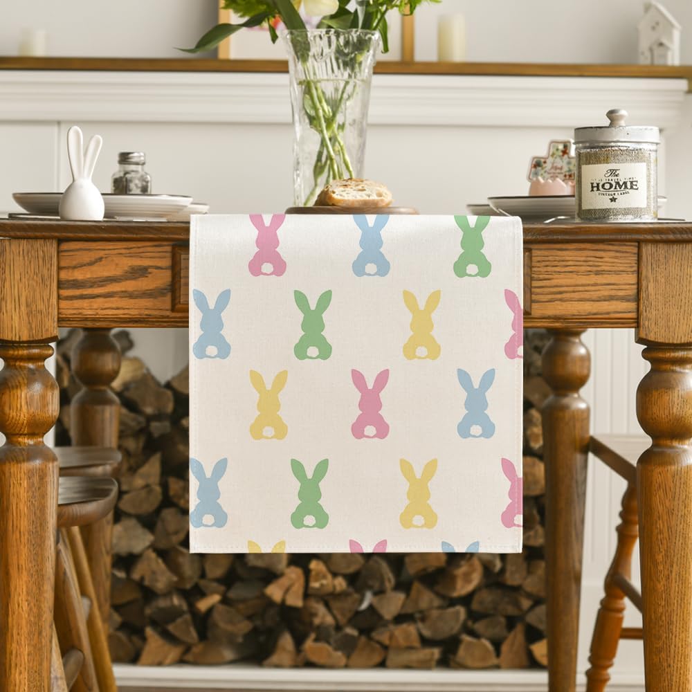 Green Pink Bunny Rabbit Easter Table Runner, Spring Kitchen Dining Table Decoration for Home Party Decor 13x72 Inch - Image 2