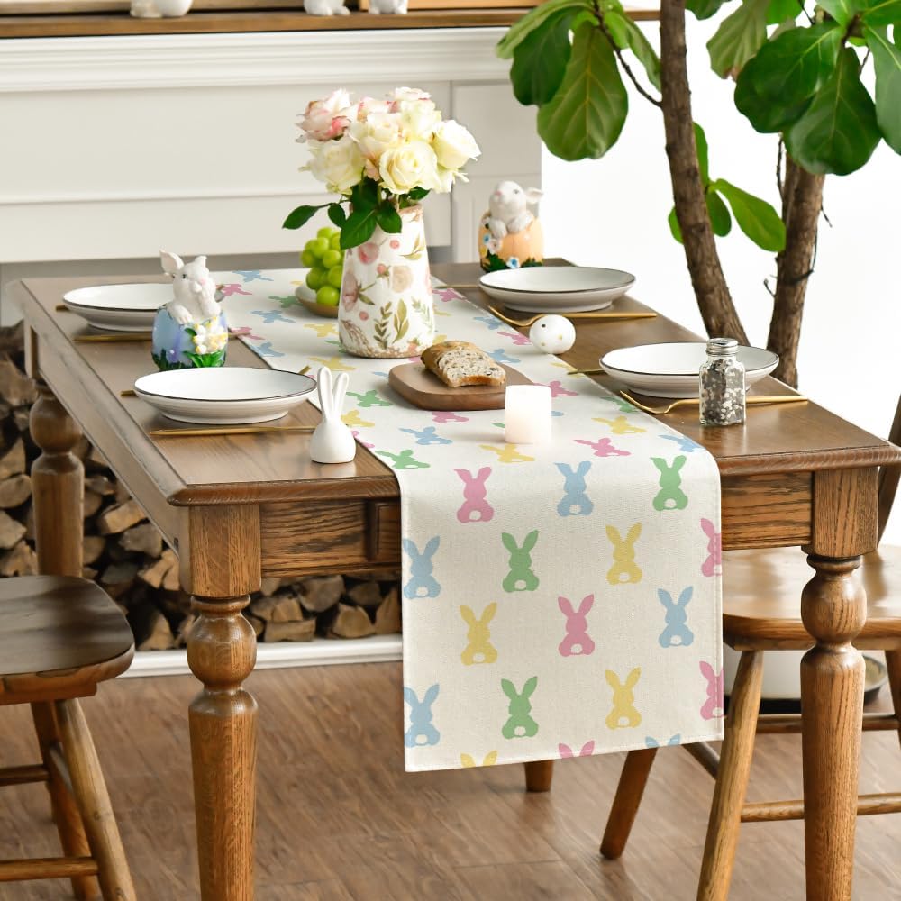 Green Pink Bunny Rabbit Easter Table Runner, Spring Kitchen Dining Table Decoration for Home Party Decor 13x72 Inch - Image 3