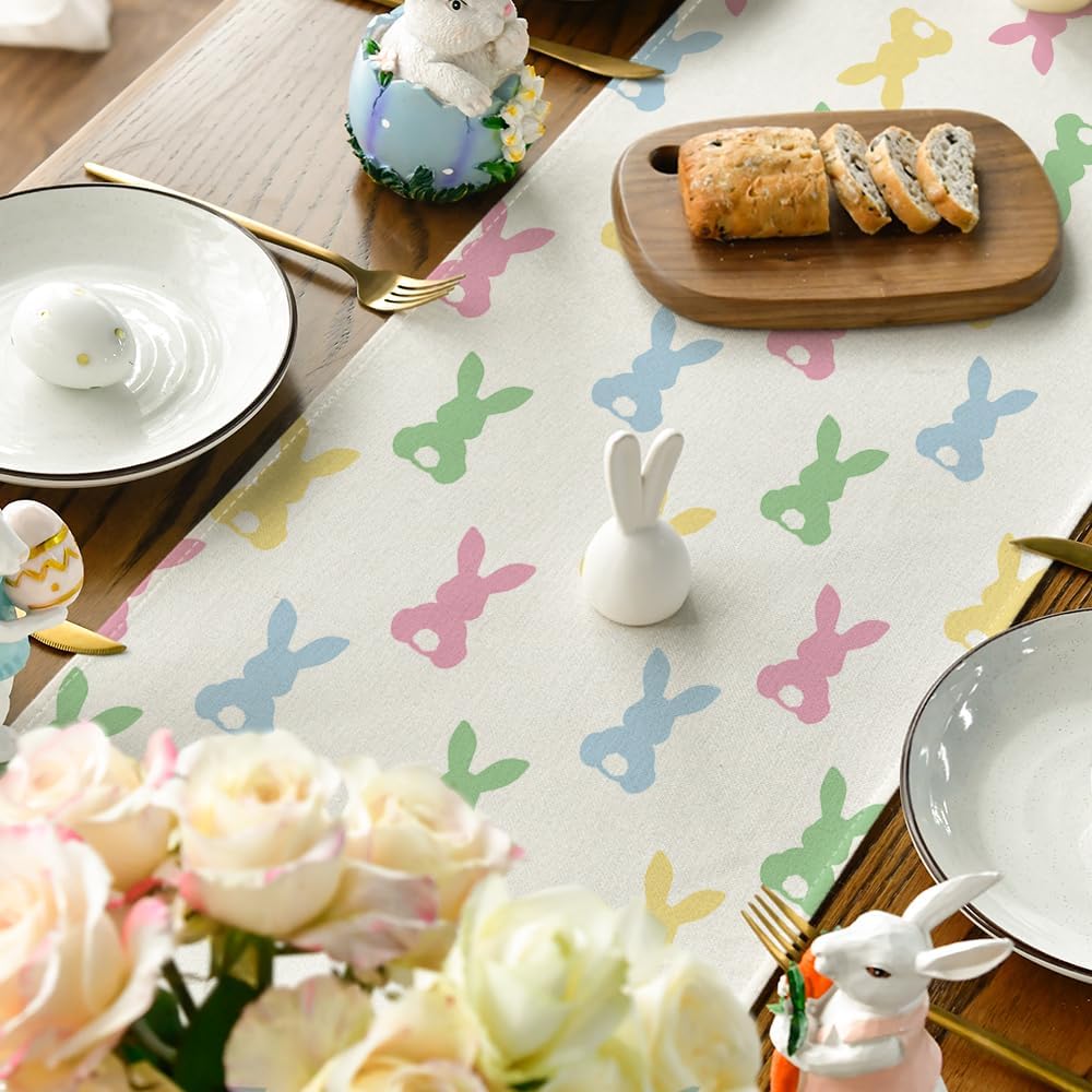 Green Pink Bunny Rabbit Easter Table Runner, Spring Kitchen Dining Table Decoration for Home Party Decor 13x72 Inch - Image 4