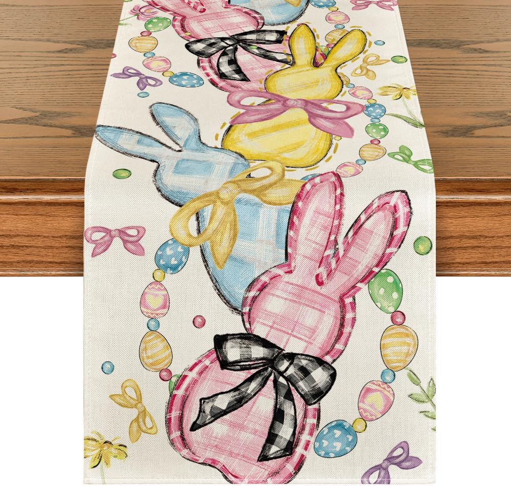 Floral Bow Bunny Rabbits Eggs Easter Table Runner, Seasonal Spring Kitchen Dining Table Decoration for Home Party Decor 13x72 Inch - Image 1