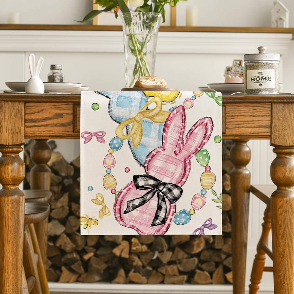 Floral Bow Bunny Rabbits Eggs Easter Table Runner, Seasonal Spring Kitchen Dining Table Decoration for Home Party Decor 13x72 Inch - Image 2
