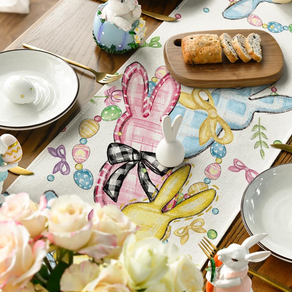 Floral Bow Bunny Rabbits Eggs Easter Table Runner, Seasonal Spring Kitchen Dining Table Decoration for Home Party Decor 13x72 Inch - Image 5