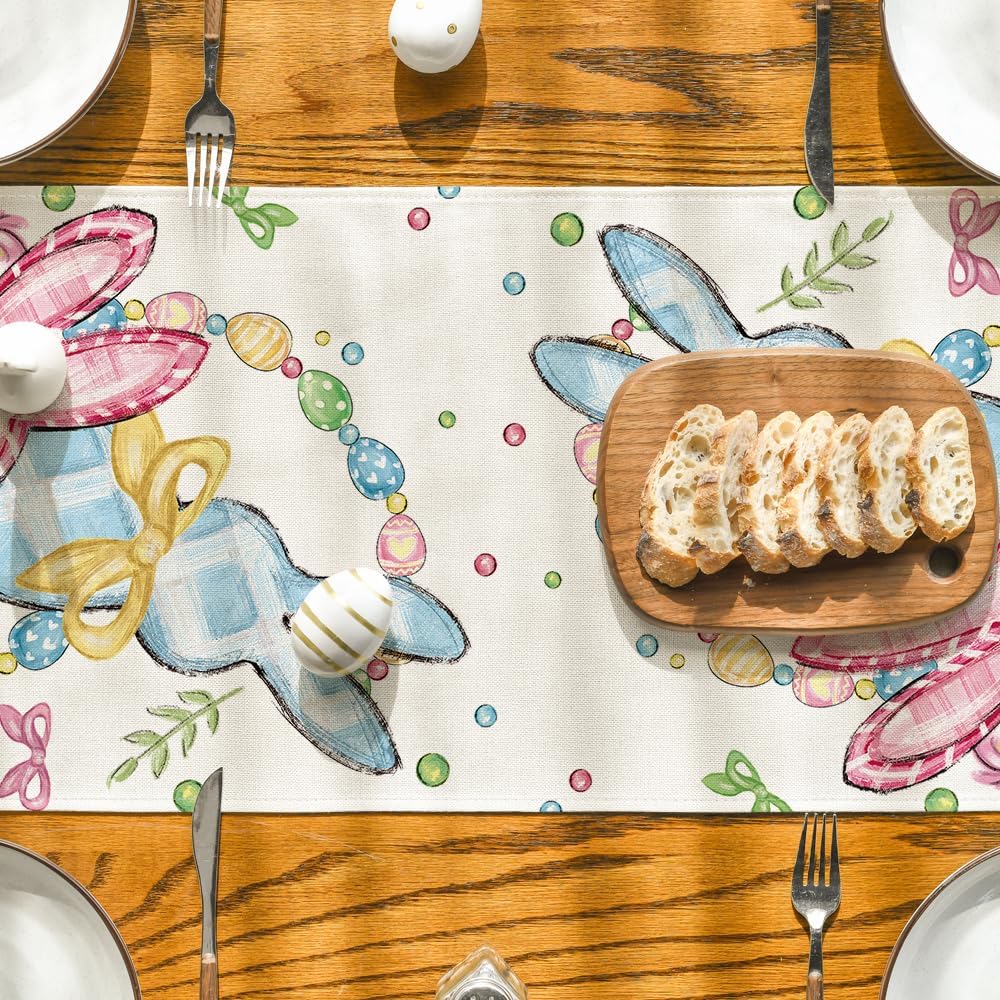 Floral Bow Bunny Rabbits Eggs Easter Table Runner, Seasonal Spring Kitchen Dining Table Decoration for Home Party Decor 13x72 Inch - Image 7