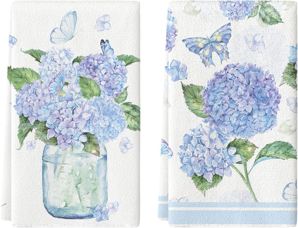 Hydrangea Vase Butterfly Spring Kitchen Towels Dish Towels, 18x26 Inch Summer Flowers Holiday Decoration Hand Towels Set of 2 - Image 1