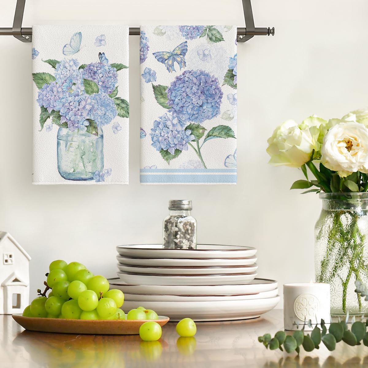 Hydrangea Vase Butterfly Spring Kitchen Towels Dish Towels, 18x26 Inch Summer Flowers Holiday Decoration Hand Towels Set of 2 - Image 2