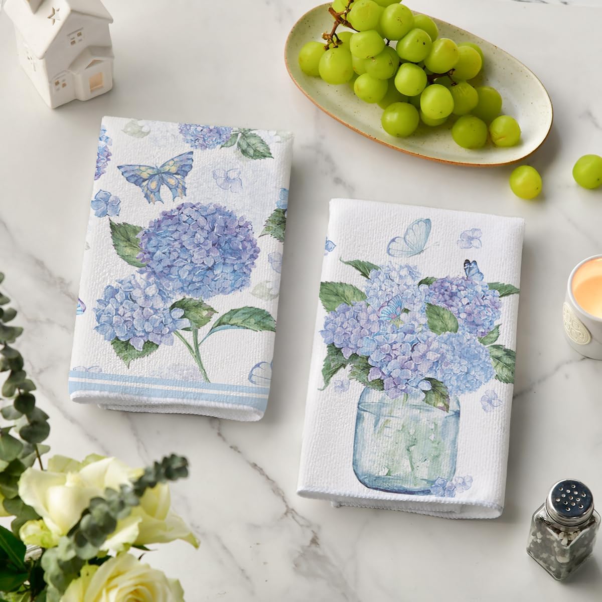 Hydrangea Vase Butterfly Spring Kitchen Towels Dish Towels, 18x26 Inch Summer Flowers Holiday Decoration Hand Towels Set of 2 - Image 3