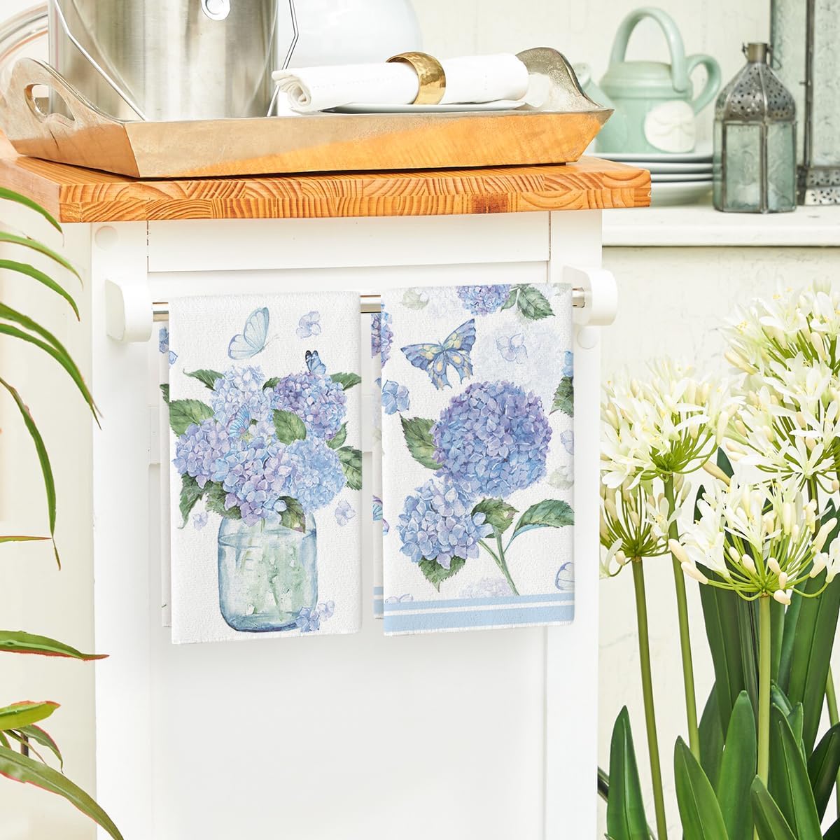 Hydrangea Vase Butterfly Spring Kitchen Towels Dish Towels, 18x26 Inch Summer Flowers Holiday Decoration Hand Towels Set of 2 - Image 4