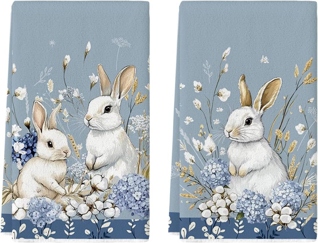 Bunny Hydrangea Easter Kitchen Towels Dish Towels, 18x26 Inch Spring Farmhouse Wild Flowers Decoration Hand Towels Set of 2 - Image 1